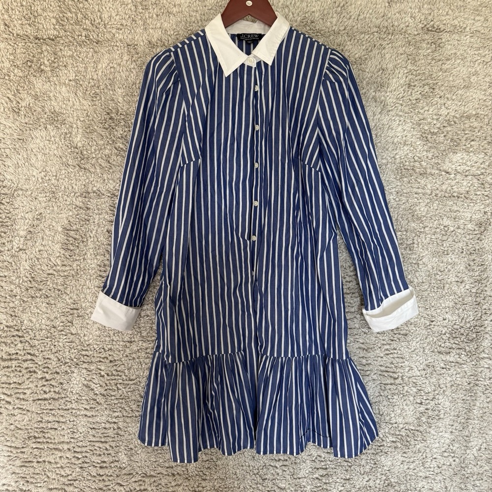 J.Crew Long Sleeved Shirt Dress Women Size‎ 4 Blue and White Stripe Beleted Midi